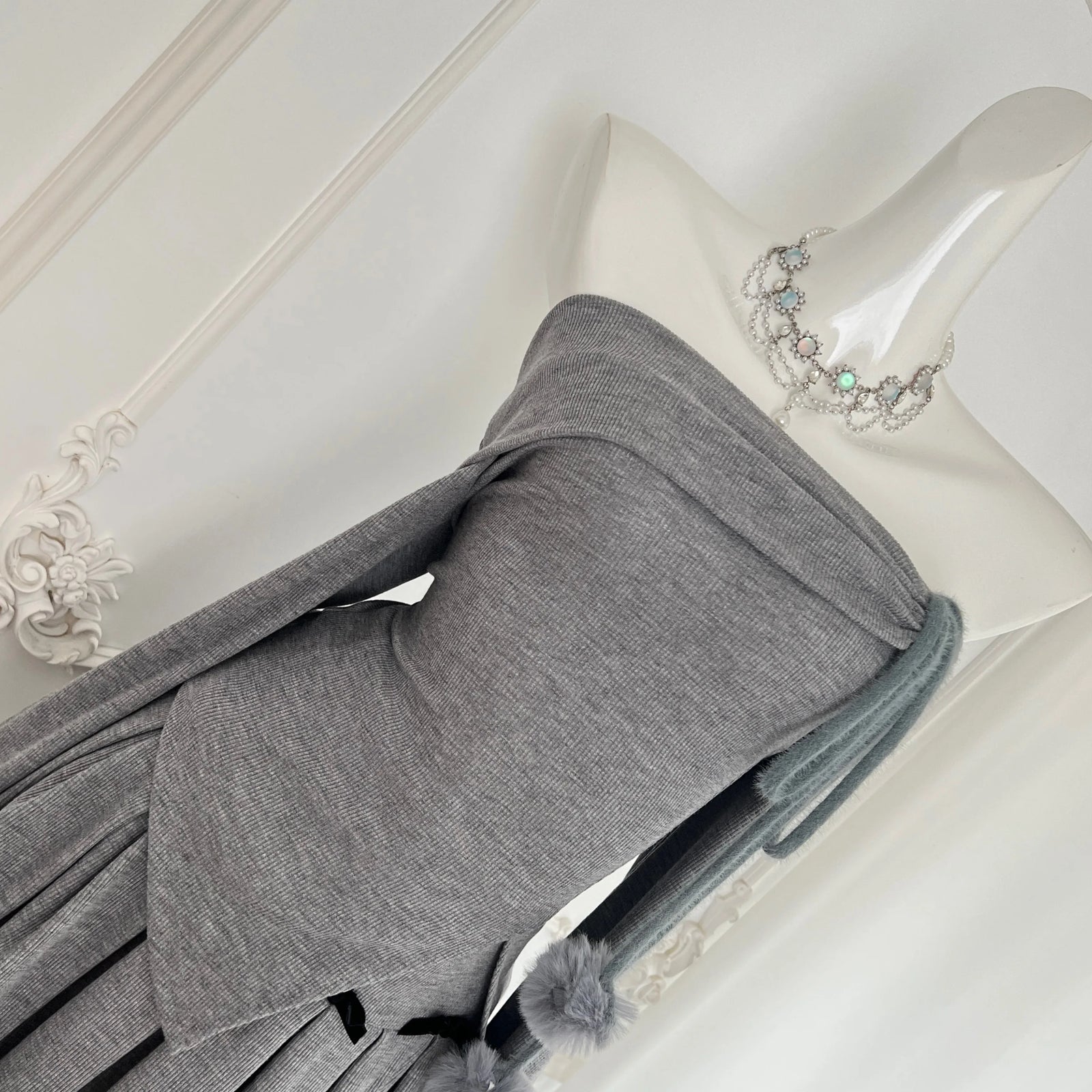 Women Gray Off Shoulder Long Sleeve Split Knit Sweater Tops And High Waist Pleated Short Skirt 2024 Autumn Winter Two Piece Set