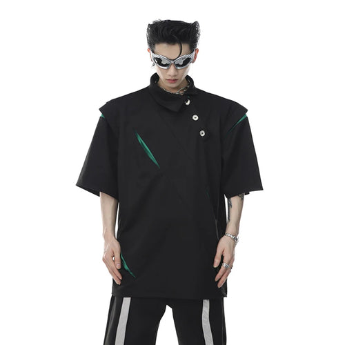 Load image into Gallery viewer, Men&#39;s Wear Summer Irregular Lapel Short Sleeve T-shirt Niche Segment Deconstructed Metal Button Design High Street 9C197
