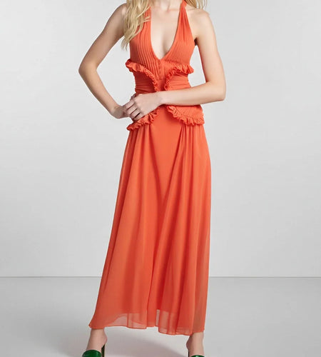 Temperament Long Dresses for Women Halter Sleeveless Backless Tunic Spliced Folds Sexy Dress Female Clothing New