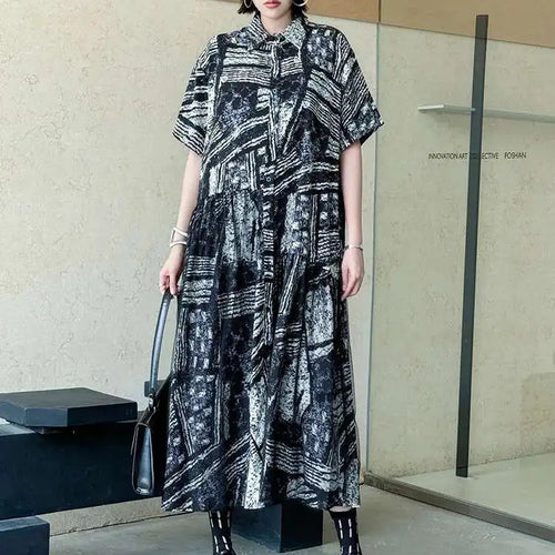 Load image into Gallery viewer, Women Black Pattern Printed Big Size Mesh Midi Shirt Dress New Lapel Short Sleeve Fashion Tide Spring Summer 2025 1DJ0636
