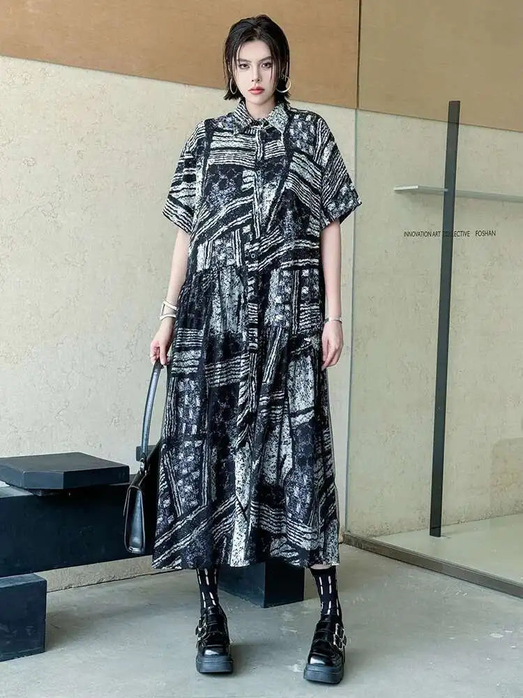 Women Black Pattern Printed Big Size Mesh Midi Shirt Dress New Lapel Short Sleeve Fashion Tide Spring Summer 2025 1DJ0636