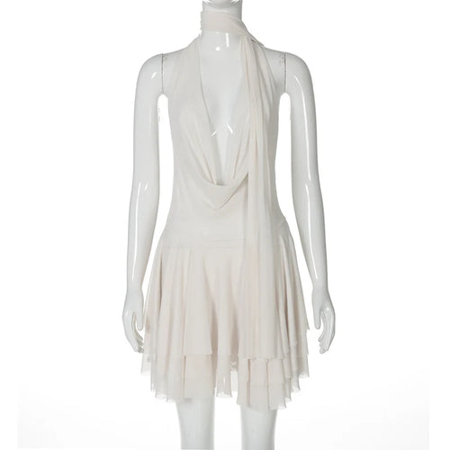 Load image into Gallery viewer, Halter Deep V Neck Backless Sexy Mini Dress For Women Robe Solid Sleeveless High Waist Ruffled Club Party Dress
