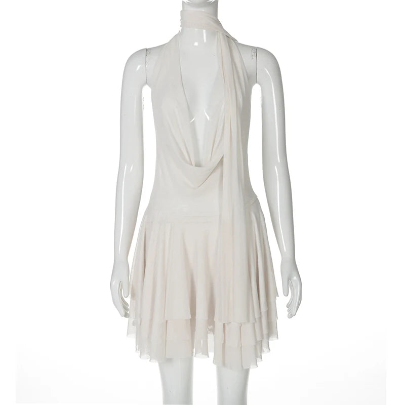 Halter Deep V Neck Backless Sexy Mini Dress For Women Robe Solid Sleeveless High Waist Ruffled Club Party Dress