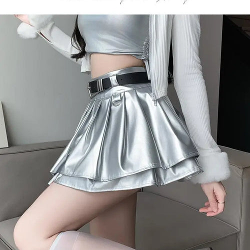 Load image into Gallery viewer, Black With Belt Pleated Pu Leather Ball Gown Skirt Women Autumn Winter 2023 New Silvery High Waist Slim A-line Short Puffy Skirt
