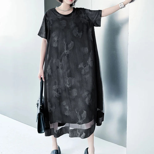 Load image into Gallery viewer, Women Black Printed Mesh Spliced Big Size Midi Dress New Round Neck Short Sleeve Fashion Tide Spring Summer 2025 1DJ0850

