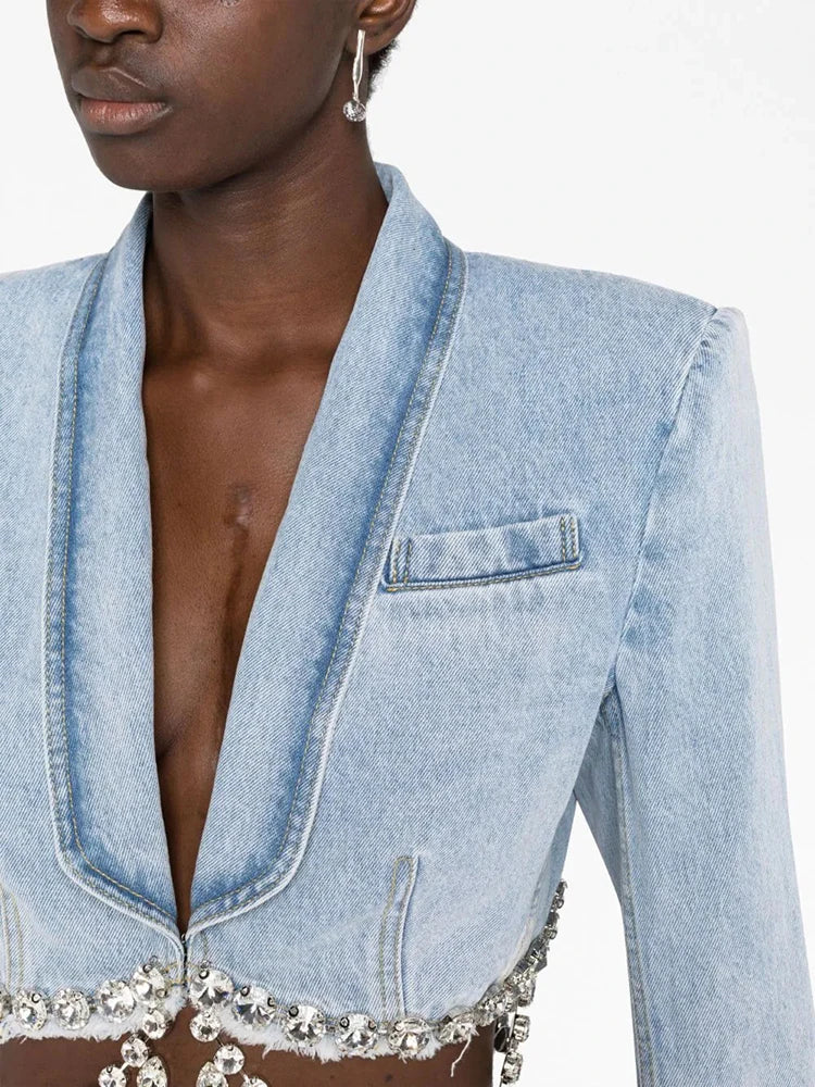 Patchwork Diamonds Denim Coats For Women Lapel Long Sleeve Spliced Buttons Soild Slimming Jackets Female Fashion Clothing