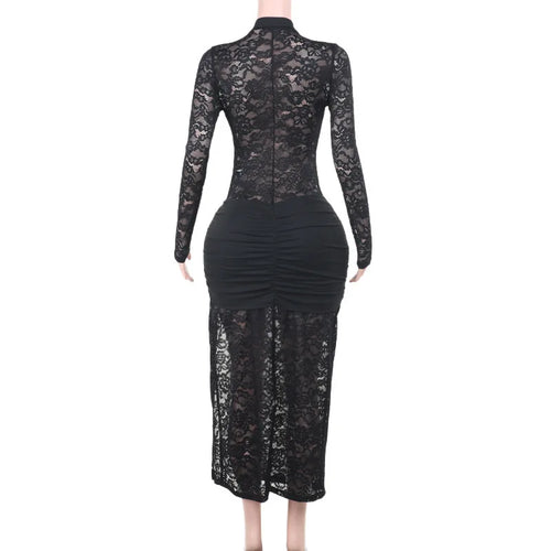 Load image into Gallery viewer, Lace Hollow Out Sexy Maxi Dress For Women Fashion Long Sleeve Thigh High Split Bodycon Club Evening Long Dress Elegant
