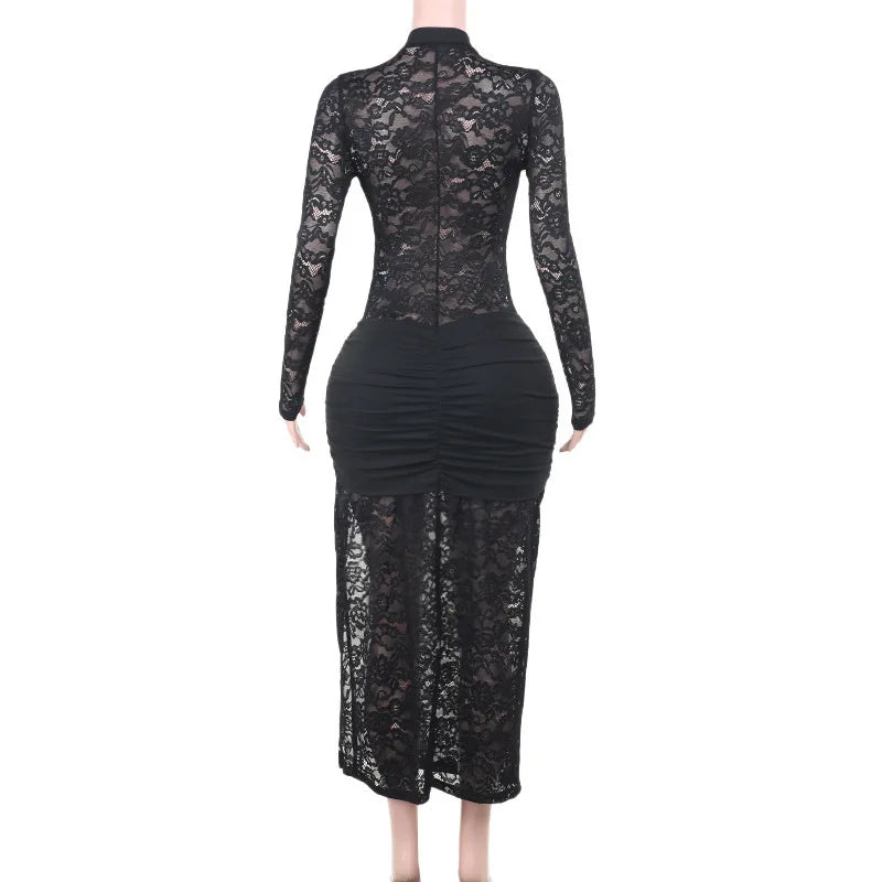 Lace Hollow Out Sexy Maxi Dress For Women Fashion Long Sleeve Thigh High Split Bodycon Club Evening Long Dress Elegant