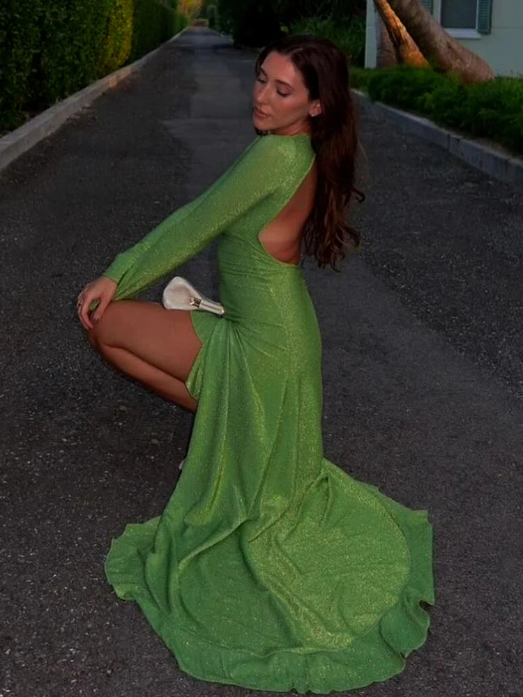 Glitter Thigh High Split Sexy Maxi Dress For Women Gown O Neck Long Sleeve Backless Ruffled Shiny Long Dress Gown