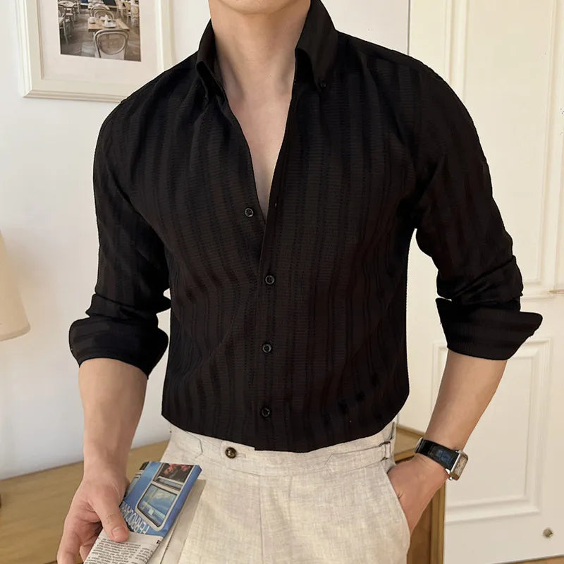 Men's New Spring Shirts Korean Striped Design Loose Long Sleeve Male Clothing Casual Single Breasted Fashion Menwear 9W1576
