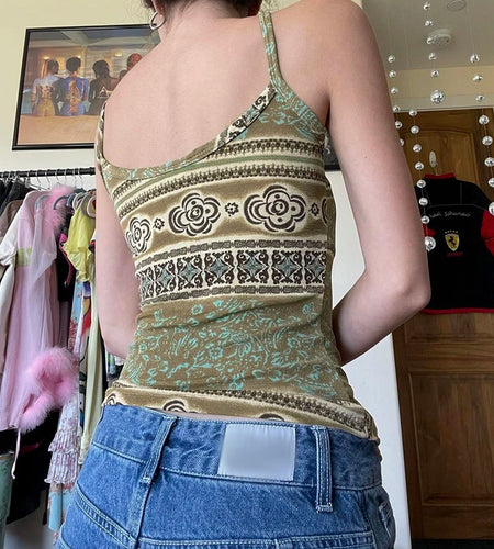 Fashion Bohemia Style Printed V-Neck Camisole Women Summer Vintage Mini Slimming Sleeveles Top 2000s Sexy Clothes New