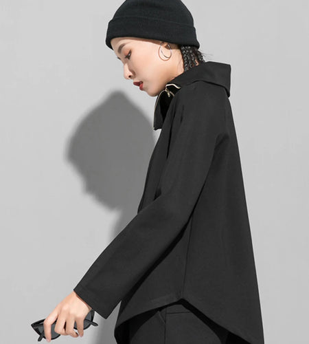 Women Black Zipper Irregular Big Size Casual T-shirt New Turtleneck Long Sleeve Fashion Tide Spring Autumn 2025 OA882