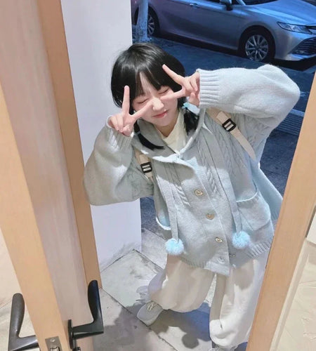 Japanese Kawaii Button Knitted Cardigan Women Blue Kardigan Damski Harajuku Cute Girl Hoody Sweater Jackets Y2k  Coat