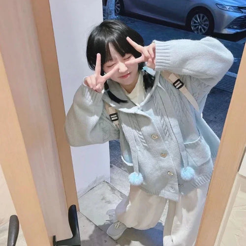 Load image into Gallery viewer, Japanese Kawaii Button Knitted Cardigan Women Blue Kardigan Damski Harajuku Cute Girl Hoody Sweater Jackets Y2k  Coat
