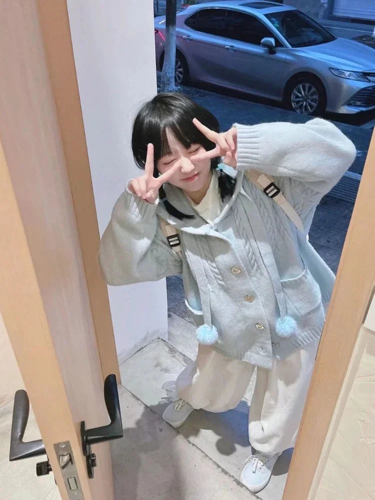 Japanese Kawaii Button Knitted Cardigan Women Blue Kardigan Damski Harajuku Cute Girl Hoody Sweater Jackets Y2k  Coat