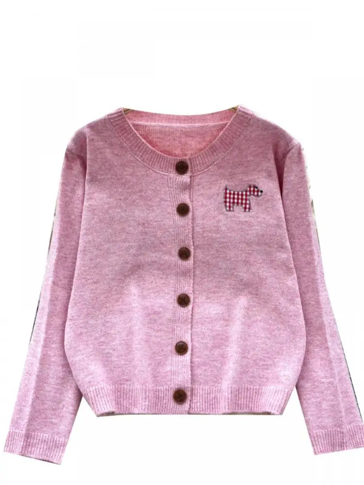 Women Ladies Fashion Embroidery Cardigans Tops Spring Autumn Y2k Vintage Round Neck Single Breasted Short Knitted Sweater Street