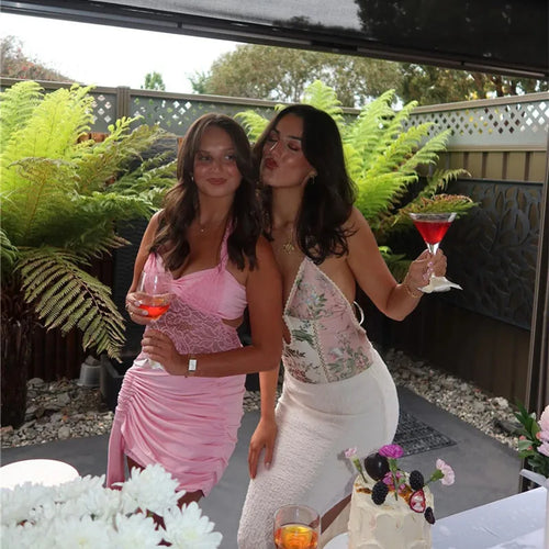 Load image into Gallery viewer, Lace Draped Ruched Sexy Mini Dress For Women Robe Fashion Halter Off-shoulder Backless Sleeveless Bodycon Club Dress
