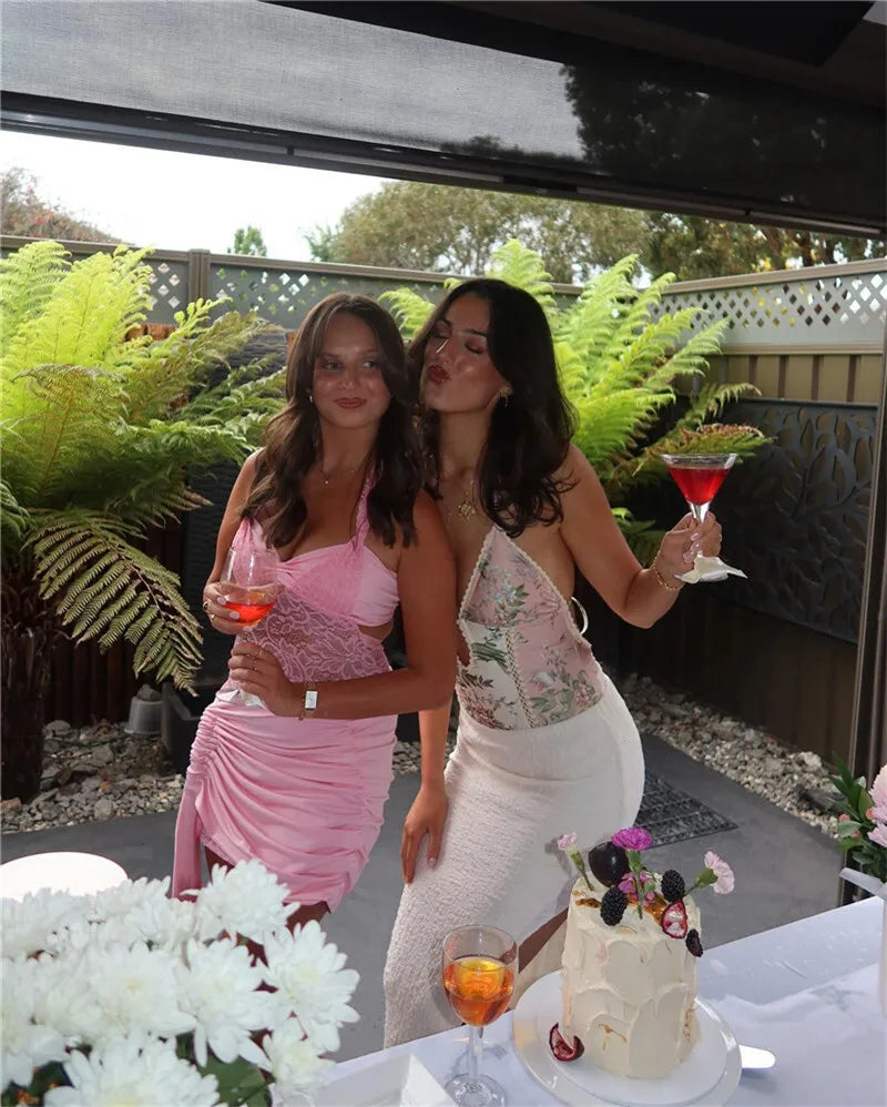 Lace Draped Ruched Sexy Mini Dress For Women Robe Fashion Halter Off-shoulder Backless Sleeveless Bodycon Club Dress