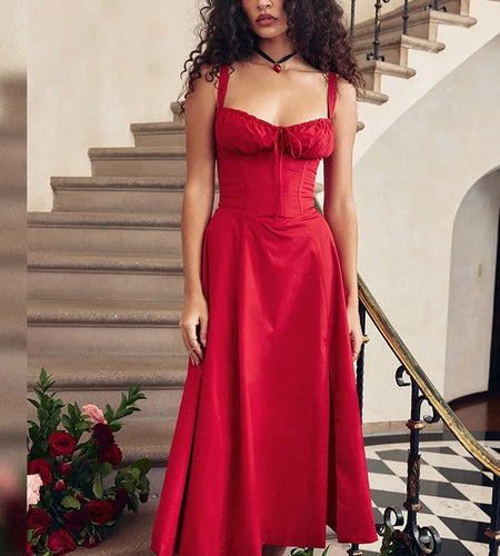 Elegant A Line Midi Dress Sexy Spaghetti Strap Lace Up Red Holiday Party Dresses Summer Dresses Women 2024 Wholesale