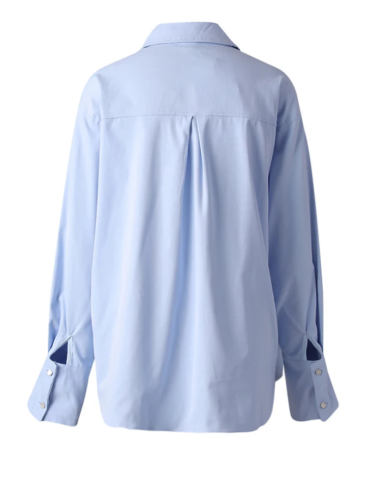 Women Blue Irregular Tie Big Size Elegant Blouse New Lapel Long Sleeve Shirt Fashion Tide Spring Autumn 2025 CPG3075