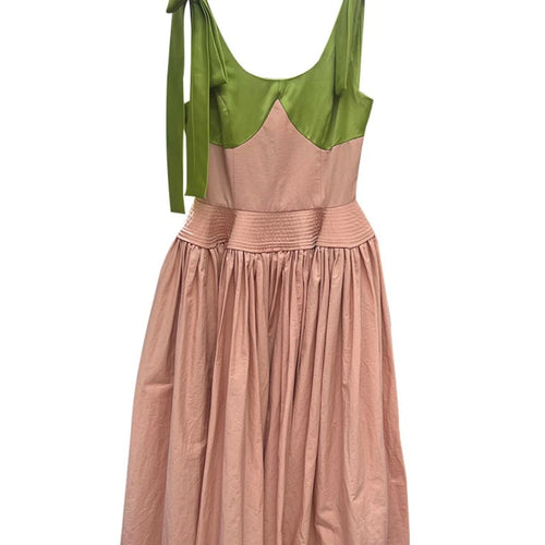 Load image into Gallery viewer, Hit Color Spliced Bowknot Sweet Long Dresses for Women V Neck Sleeveless High Waist Patchwork Ruffles Dress Female
