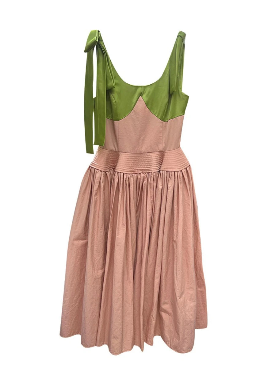Hit Color Spliced Bowknot Sweet Long Dresses for Women V Neck Sleeveless High Waist Patchwork Ruffles Dress Female