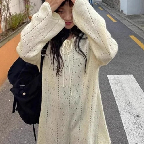 Load image into Gallery viewer, Korean Sueter Mujer Vintage Pullovers 2024 Women&#39;s Clothing Pull Femm Hollow Out Knitted Long Sweater Tops Loose Bandage Jumper
