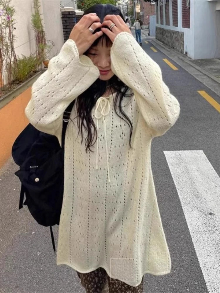 Korean Sueter Mujer Vintage Pullovers 2024 Women's Clothing Pull Femm Hollow Out Knitted Long Sweater Tops Loose Bandage Jumper