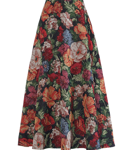High Waist Flower Jacquard Vintage Elegant A-line Midi Half-body Skirt Women Fashion Tide New Spring Autumn 2025 1DH9408