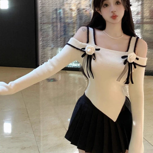 Load image into Gallery viewer, Slash Neck Knitted Y2k Aesthetic Tshirts Streetwear 3D Flower Women Slim Fit Crop Tees Vintage Harajuku Irregular Basic T-shirt
