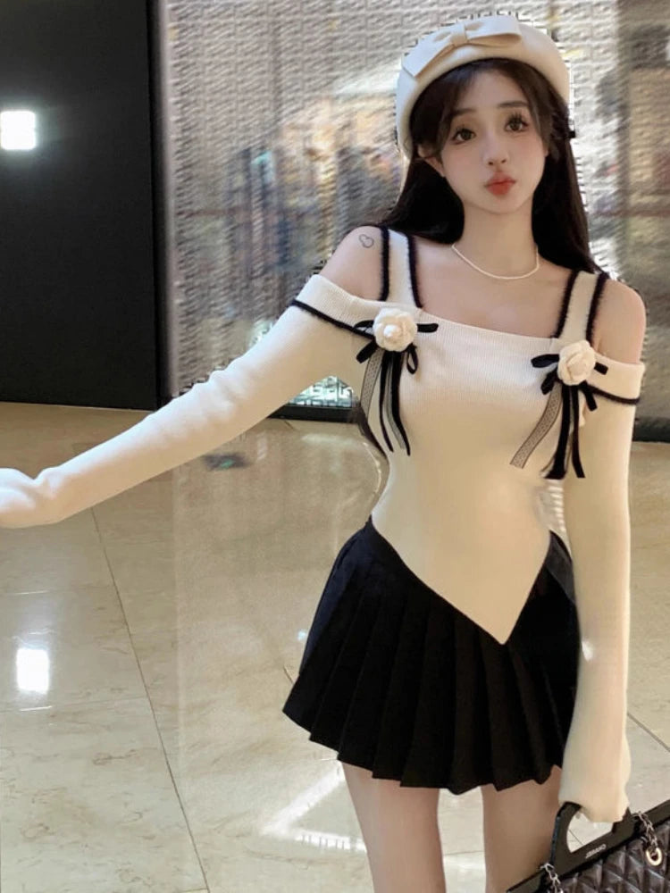 Slash Neck Knitted Y2k Aesthetic Tshirts Streetwear 3D Flower Women Slim Fit Crop Tees Vintage Harajuku Irregular Basic T-shirt