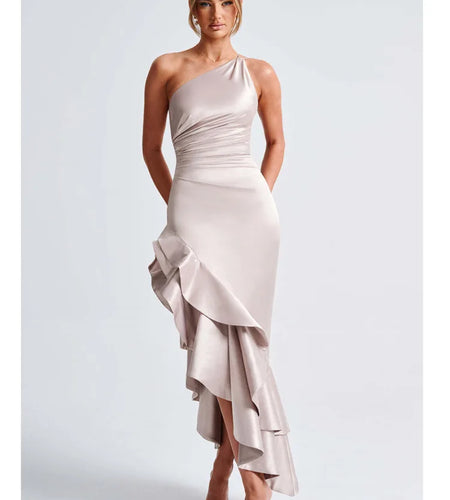 Elegant Satin Sleeveless Bodycon Ruffle Irregular Long Dress Women Sexy Backless Party Evening Dress Autumn New Vestido