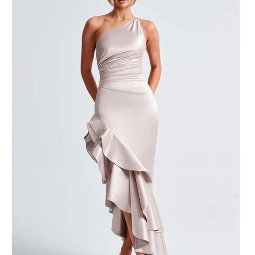 Load image into Gallery viewer, Elegant Satin Sleeveless Bodycon Ruffle Irregular Long Dress Women Sexy Backless Party Evening Dress Autumn New Vestido
