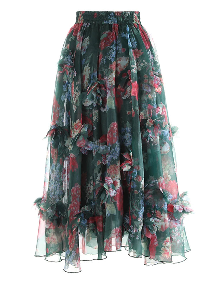 High Elastic Waist Red Flower Printed Organza Ball Gown Half-body Skirt Women Fashion Tide New Spring Autumn 2025 1DJ1139