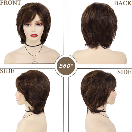 Load image into Gallery viewer, Synthetic Hair Woman Wig Short Natural Wig with Bangs Mix Brown Wig Old Lady Costume Mommy Wigs for Daily Halloween
