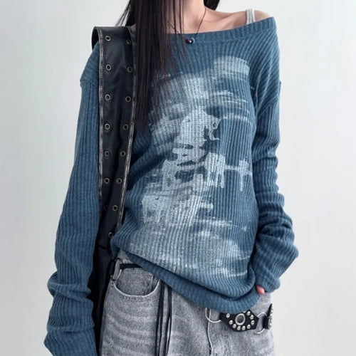 Load image into Gallery viewer, Autumn Harajuku Women Printing Tees Vintage Streetwear Grunge Skew Collar Tops Y2k Aesthetic Loose Casual Hiphop Vintage Tops
