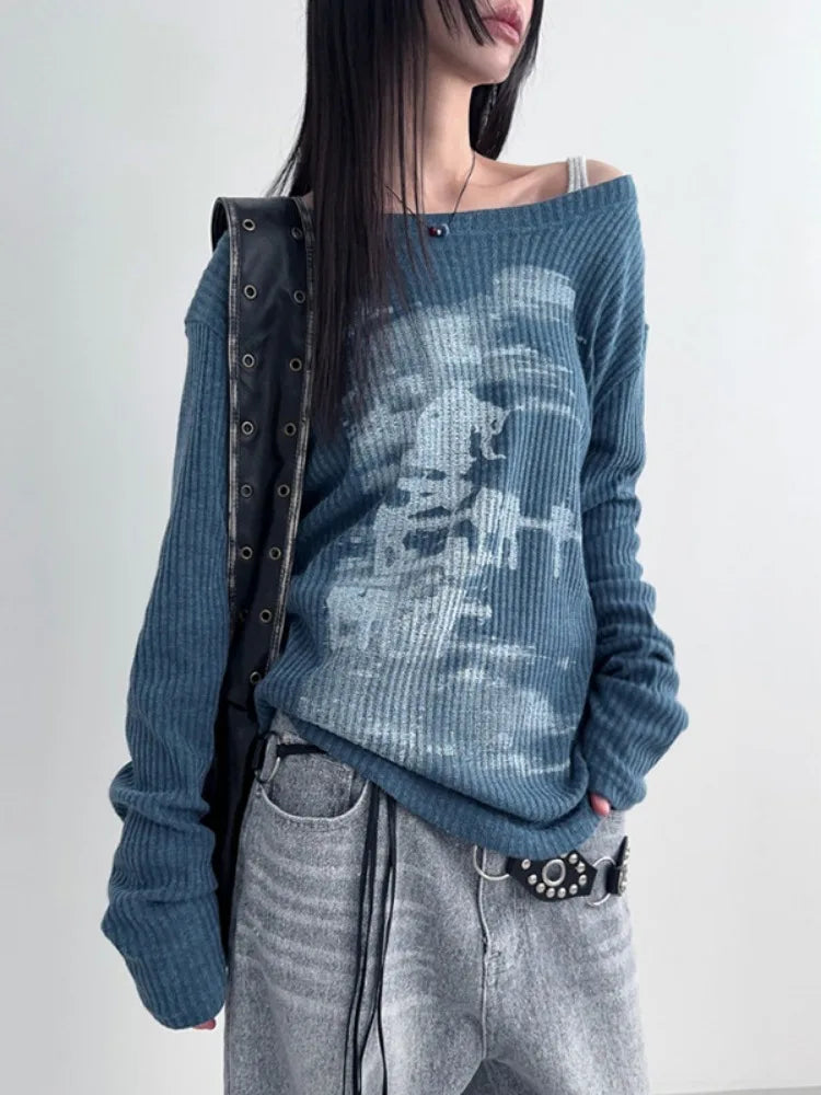 Autumn Harajuku Women Printing Tees Vintage Streetwear Grunge Skew Collar Tops Y2k Aesthetic Loose Casual Hiphop Vintage Tops