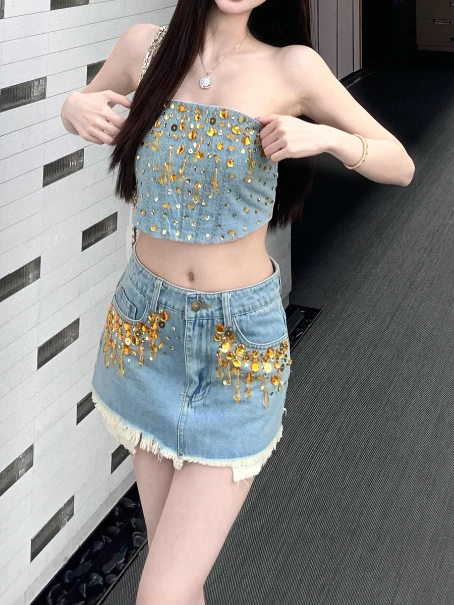 Hit Color Spliced Diamonds Two Piece Set For Women Strapless Top High Waist Skirts Sets Female Fashion Style New