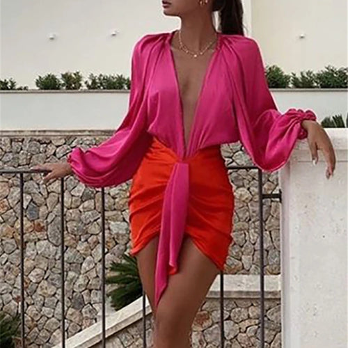 Load image into Gallery viewer, Sexy Deep V-neck Satin Two Piece Set Women Long Sleeve Top Short Skirt Sets Matching Casual Partywear Winter Women Set

