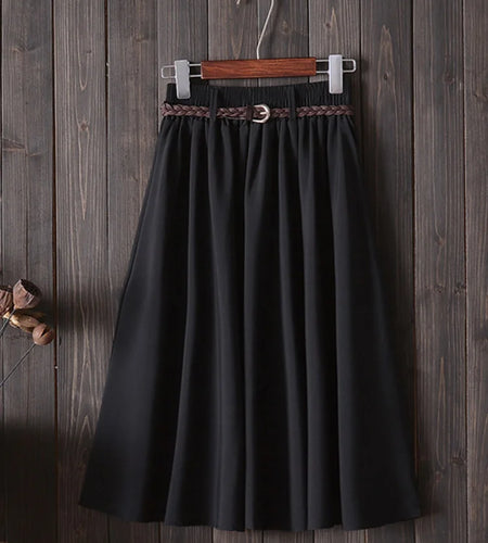 Midi Knee Length Summer Skirt Women With Belt 2025 Fashion Korean Ladies High Waist Pleated A-line School Skirt Female