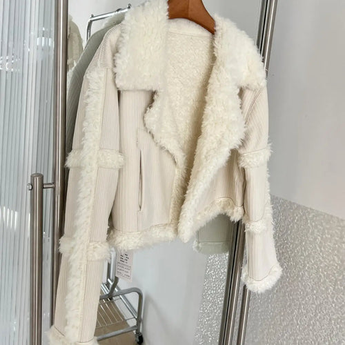 Load image into Gallery viewer, Korean Women Beige Spliced Lamb Wool Short Jacket Winter Elegant Long Sleeve Loose Lapel Warm Cardigan Coat New Lady Thick Trend

