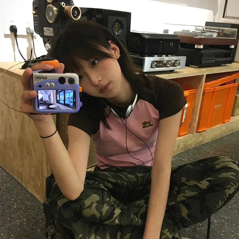 Japanese Y2k Patchwork T-shirt Vintage 2000s Style Crop Top Harajuku Aesthetics Short Sleeve Tee Shirt American Retro