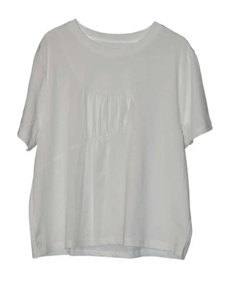 Women White Pleated Spliced Big Size Casual T-shirt New Round Neck Short Sleeve Fashion Tide Spring Summer 2025 1DJ0615