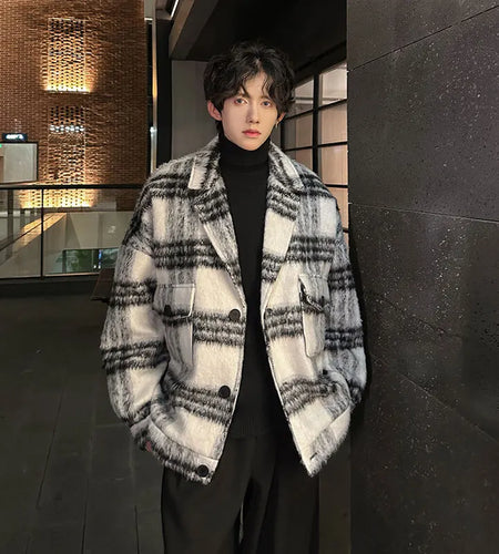 Plaid Woolen Jacket Men's Wear Trendy Contrast Color Single-breasted Lapel Casual Coat Male 2024 Winter New Trend 9C9035
