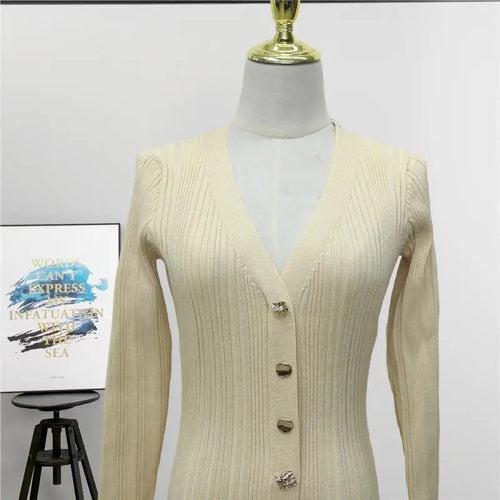 Load image into Gallery viewer, Autumn Winter Black V Neck Single Breasted Knitted Dress For Women French 2024 New Beige Elegant Long Sleeve Fishtail Dress Chic
