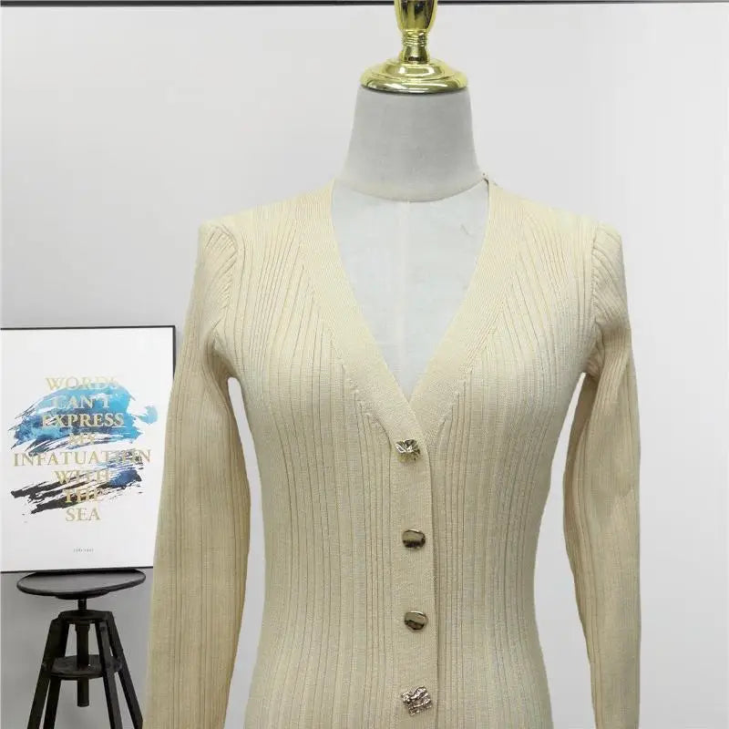 Autumn Winter Black V Neck Single Breasted Knitted Dress For Women French 2024 New Beige Elegant Long Sleeve Fishtail Dress Chic