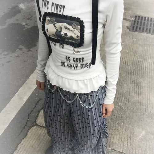 Load image into Gallery viewer, Harajuku Cartoon Print Cute T-shirts Streetwear Slim Fit Y2k Aesthetic Ruffled Autumn Shirts Women Grunge BLace Patchwork Tops
