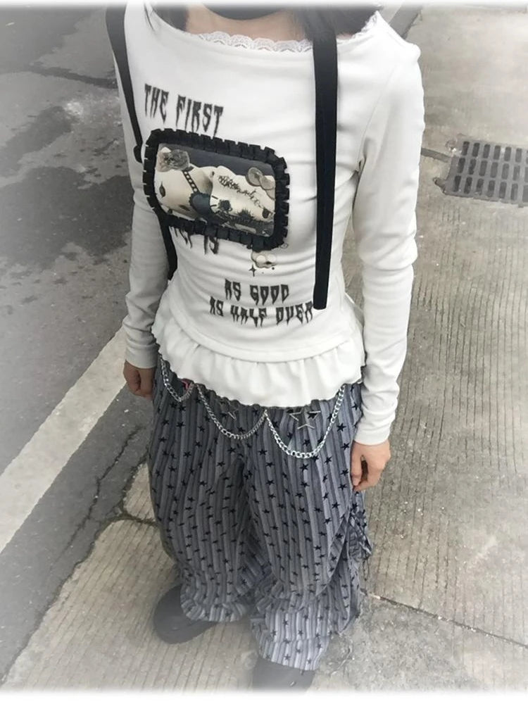 Harajuku Cartoon Print Cute T-shirts Streetwear Slim Fit Y2k Aesthetic Ruffled Autumn Shirts Women Grunge BLace Patchwork Tops