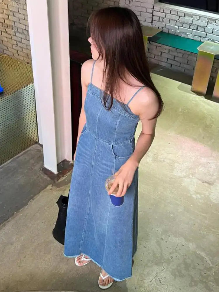 Vintage Sleeveless Backless Denim Long Dress Women Hot Summer High Waist Sexy Ladies Dresses Party Club Trendy Womens Clothes