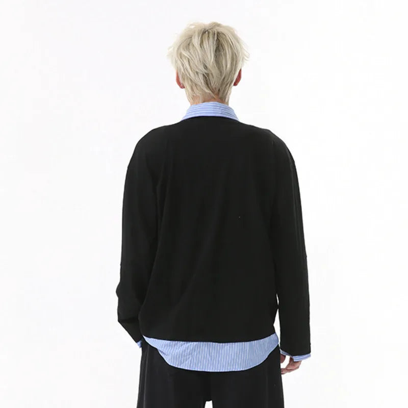 Men's T-shirts New Style Fake Two-piece Patchwork Contrast Color Splicing Lapel Long Sleeved Loose Top Summer 9W1603